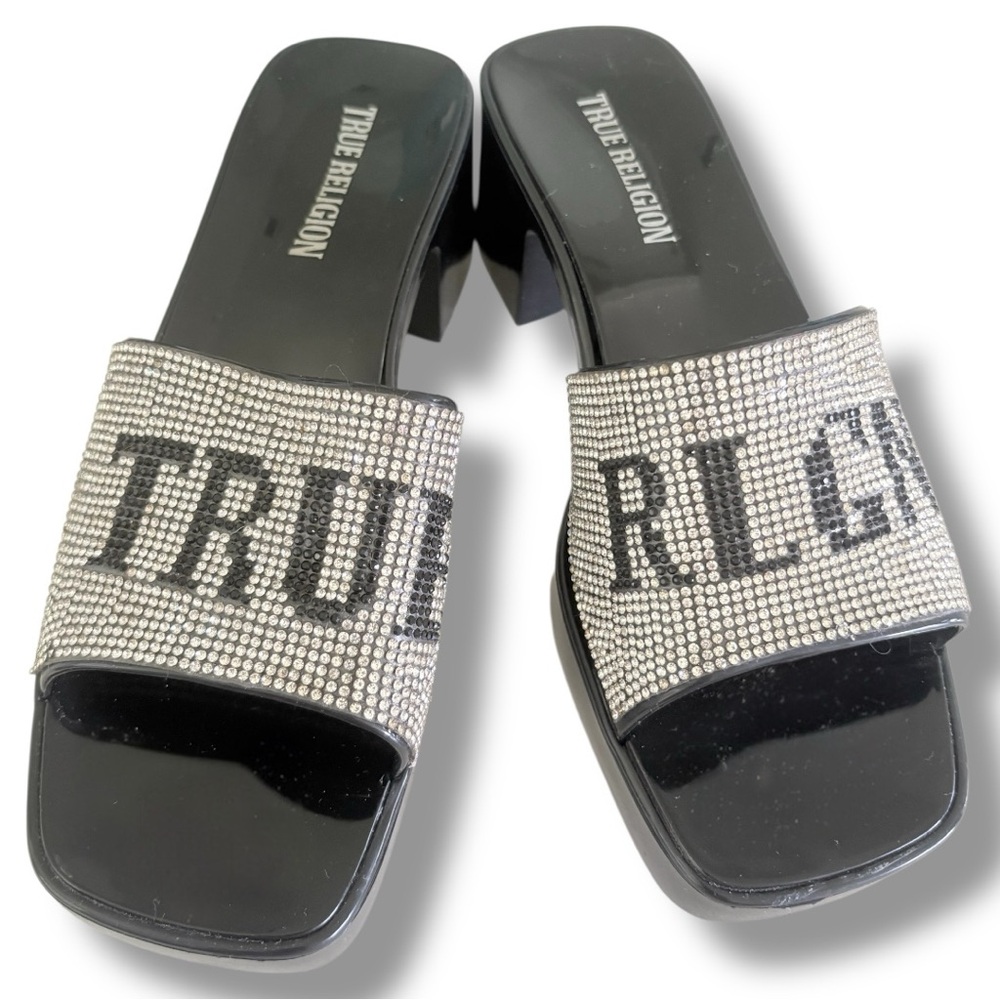 True Religion Black & Silver Rhinestone Embellished Logo Mules. Women’s Size 6